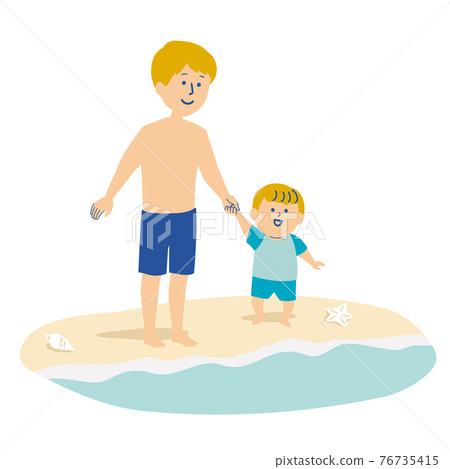Illustration of a little boy and dad who came to the sea Illustration of a little boy and dad who came to the sea 76735415