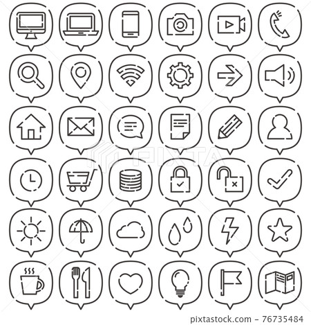 Simple line drawing icon set with balloons Black and white Simple line drawing icon set with balloons Black and white 76735484
