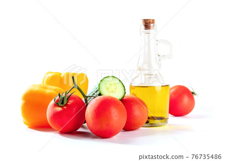 Fresh tomatoes, bell peppers, a cucumber, and olive oil, gazpacho ingredients Fresh tomatoes, bell peppers, a cucumber, and olive oil, gazpacho ingredients 76735486
