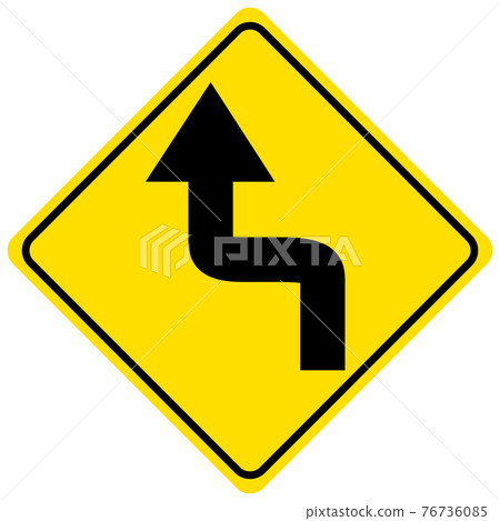 Left reverse turn ahead yellow sign on white background 76736085