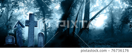 Halloween scene with medieval stone crosses and tombstones in a cemetery Halloween scene with medieval stone crosses and tombstones in a cemetery 76736176