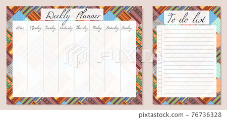 Set of day organization templates with tribal cozy pattern. Weekly planner and to do list. Background of blanket with folk decoration. Vector setting tasks 76736328
