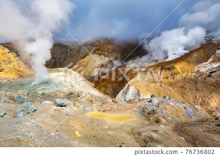 Beautiful volcanic landscape, crater of active volcano: hot spring, fumarole, lava field, gas-steam activity 76736802