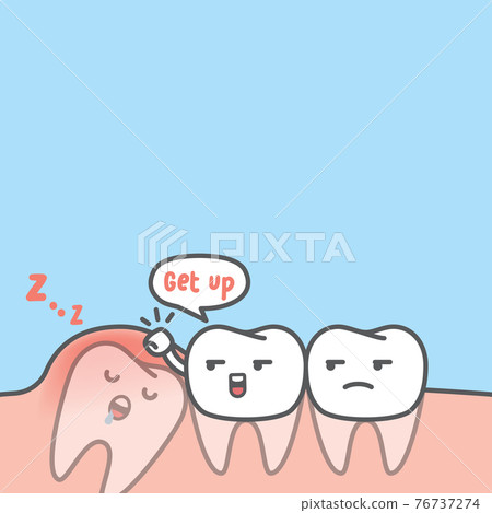 Blank banner dental cartoon of white teeth try to get the impaction tooth up by knocking gum illustration cartoon character vector design on blue background. Dental care concept. Blank banner dental cartoon of white teeth try to get the impaction tooth up by knocking gum illustration cartoon character vector design on blue background. Dental care concept. 76737274