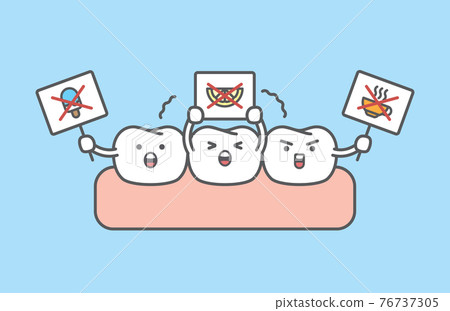 Dental cartoon of sensitive teeth protest by holding signs illustration cartoon character vector design on blue background. Dental care concept. Dental cartoon of sensitive teeth protest by holding signs illustration cartoon character vector design on blue background. Dental care concept. 76737305