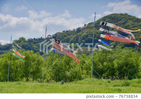 Carp streamer fluttering in the blue sky Arita River riverbed Miyahara-cho, Arida City, Wakayama Prefecture Carp streamer fluttering in the blue sky Arita River riverbed Miyahara-cho, Arida City, Wakayama Prefecture 76738834