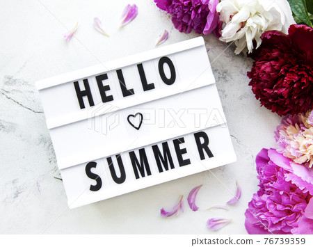 Light box with Hello Summer text and peonies Light box with Hello Summer text and peonies 76739359