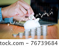 Businessmen put coins in a white piggy bank and a pile of coins lined the front. 76739684