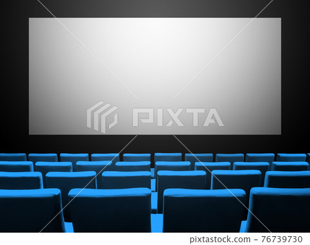 Cinema movie theatre with blue seats and a blank white screen Cinema movie theatre with blue seats and a blank white screen 76739730