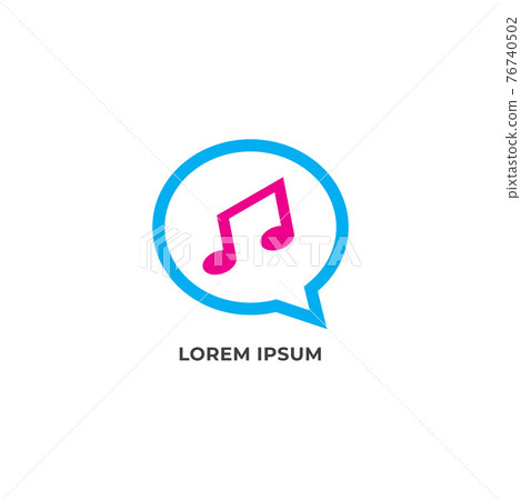 Chat bubble with musical note, Beamed eighth notes vector illustration. Music Talk logo design template isolated on white background. Blue and Pink color theme. 76740502