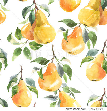 Beautiful seamless pattern with hand drawn watercolor tasty summer pear fruits. Stock illustration. 76741393