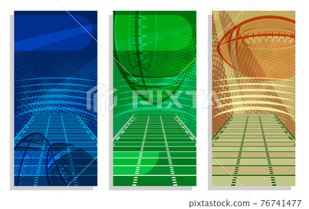 Set of vertical american fotball competition flyers with abstract field and ball. Templates for sport invitation, banners, brochures. Vector Set of vertical american fotball competition flyers with abstract field and ball. Templates for sport invitation, banners, brochures. Vector 76741477