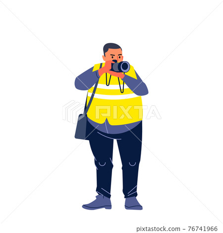 Journalist. Male Character on a White Background with a Camera and