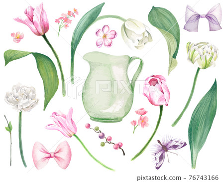 Lush pink and white tulips, leaves, tiny flowers Lush pink and white tulips, leaves, tiny flowers 76743166