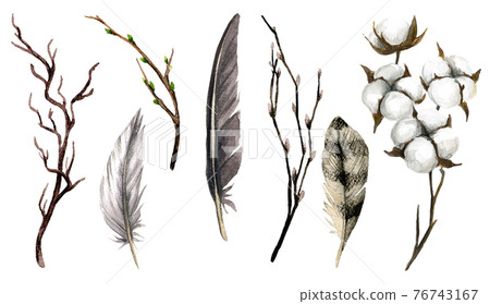 Brown collection of feathers, branches and cotton boxes Brown collection of feathers, branches and cotton boxes 76743167