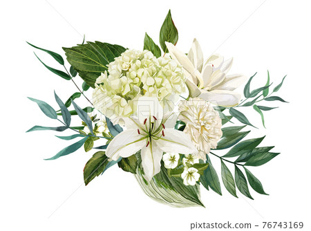 Lush bouquet composed of white flowers and greenery Lush bouquet composed of white flowers and greenery 76743169