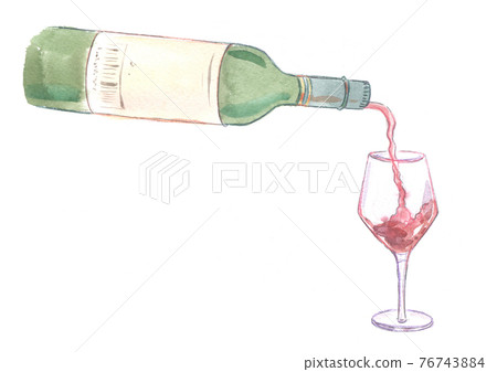 Watercolor illustration, hand-drawn, red wine pouring into a glass from a green bottle Watercolor illustration, hand-drawn, red wine pouring into a glass from a green bottle 76743884