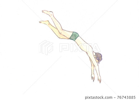 Watercolor illustration, hand-drawn, jumping man in swimsuit trunks 76743885