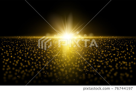 Abstract stylish light effect on a black background. Gold glowing neon line. Golden luminous dust and glares. Flash Light. luminous trail. Vector illustration. 76744197