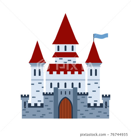Fantasy medieval brick stone castle flat cartoon vector illustration isolated. 76744935