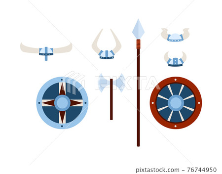 Vikings weapons and armours set of flat vector illustrations isolated on white. Vikings weapons and armours set of flat vector illustrations isolated on white. 76744950