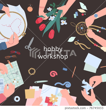 Hobby workshop advertising banner or poster design, flat vector illustration. Hobby workshop advertising banner or poster design, flat vector illustration. 76745033