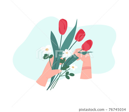 Human hands arranging bouquet of flowers, flat vector illustration isolated. Human hands arranging bouquet of flowers, flat vector illustration isolated. 76745034