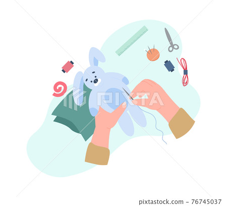 Top view on hands in process of sewing bunny toy, flat vector illustration. 76745037