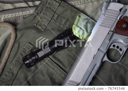 Weapons and military gun equipment for army with tactical flashlight, Semi-automatic 1911 handgun 76745546