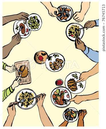 Hands with cutlery. Dining people, top view on table setting with human fork, knife, plate and tablet Hands with cutlery. Dining people, top view on table setting with human fork, knife, plate and tablet 76745713