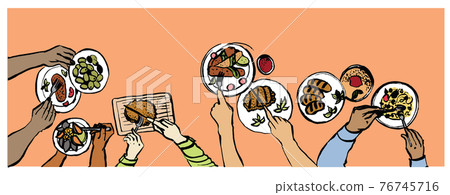 Hands with cutlery. Dining people, top view on table setting with human fork, knife, plate and tablet Hands with cutlery. Dining people, top view on table setting with human fork, knife, plate and tablet 76745716