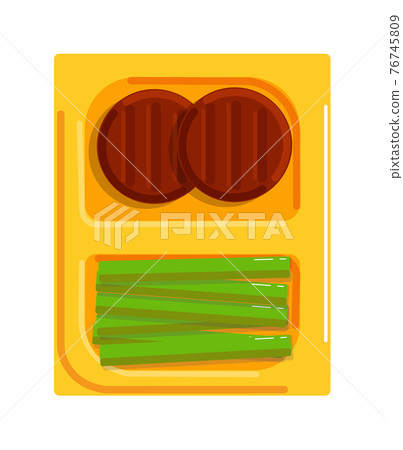 Meat medallion and asparagus for sandwich on plate 76745809