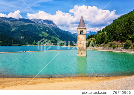 Church in the lake Reschensee bell tower, South Tyrol, Italy Church in the lake Reschensee bell tower, South Tyrol, Italy 76745966