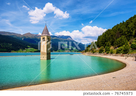 Church in the lake Reschen bell tower, South Tyrol, Italy 76745973