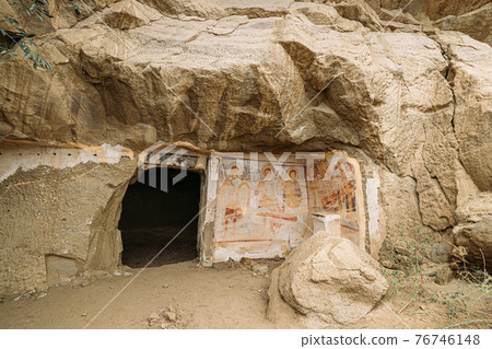 Ancient Frescoes In Walls Of Caves Of David Gareja Monastery Complex. Davit Gareji Monastery Is Located Is Southeast Of Tbilisi, In Historical Region Sagarejo. It Was Founded In 6th Century Ancient Frescoes In Walls Of Caves Of David Gareja Monastery Complex. Davit Gareji Monastery Is Located Is Southeast Of Tbilisi, In Historical Region Sagarejo. It Was Founded In 6th Century 76746148