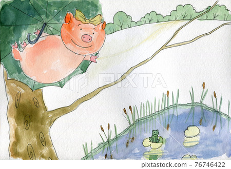 Flying pig, jumping from a tree, pind with duck, frog 76746422