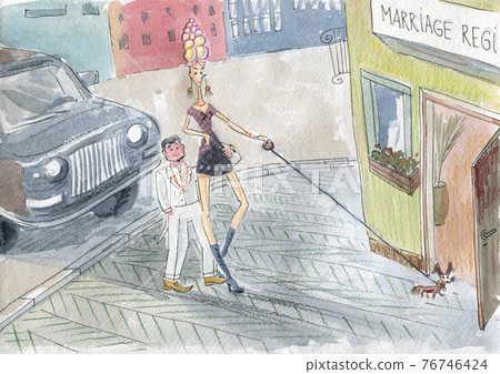 Funny children illustration of marriage registration near registry office 76746424