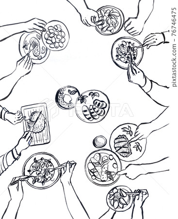 Hands with cutlery. Dining people, top view on table setting with human fork, knife, plate and tablet 76746475
