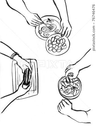 Hands with cutlery. Dining people, top view on table setting with human fork, knife, plate and tablet Hands with cutlery. Dining people, top view on table setting with human fork, knife, plate and tablet 76746476