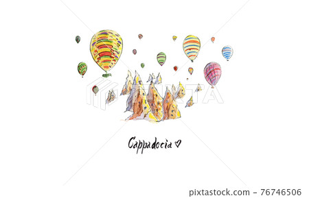 Watercolor illustration of balloons in Cappadocia, region in Turkey Watercolor illustration of balloons in Cappadocia, region in Turkey 76746506