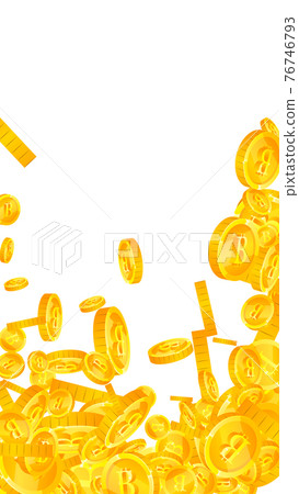 Bitcoin, internet currency coins falling. Nice scattered BTC coins. Cryptocurrency, digital money. Wondrous jackpot, wealth or success concept. Vector illustration. Bitcoin, internet currency coins falling. Nice scattered BTC coins. Cryptocurrency, digital money. Wondrous jackpot, wealth or success concept. Vector illustration. 76746793