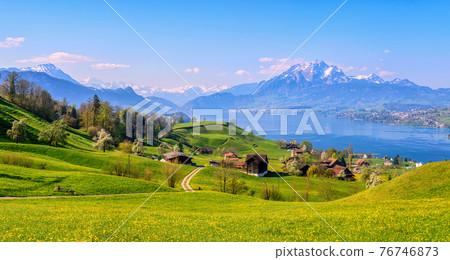 Lake Lucerne and Mount Pilatus in spring time, Switzerland Lake Lucerne and Mount Pilatus in spring time, Switzerland 76746873
