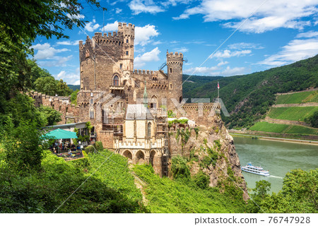 Burg Rheinstein castle on Rhine river in Germany 76747928