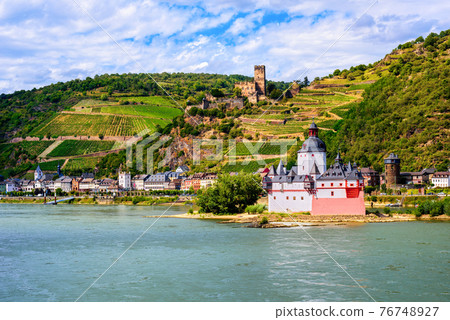 Pfalzgrafenstein castle on Rhine river, Kaub by Bacharach, Germany 76748927