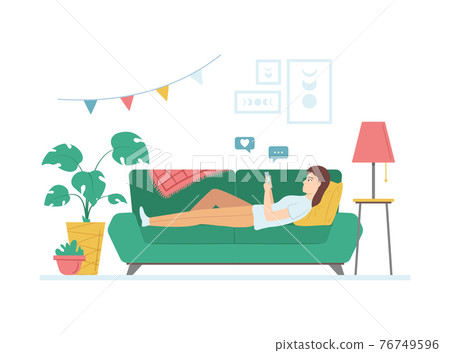 Cartoon Color Character Person Woman on Sofa with Smartphone Concept. Vector Cartoon Color Character Person Woman on Sofa with Smartphone Concept. Vector 76749596
