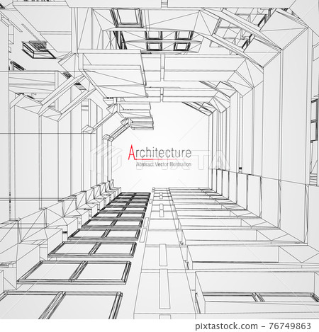 Architecture line background. Building construction sketch vector abstract. Modern city 3d project. Technology geometric grid. Wire blueprint house. Digital architect innovation wireframe. 76749863