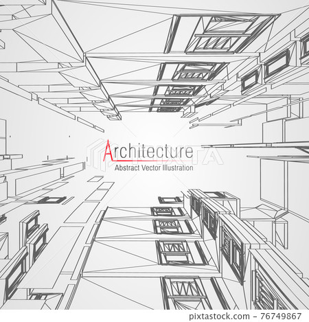 Architecture line background. Building construction sketch vector abstract. Modern city 3d project. Technology geometric grid. Wire blueprint house. Digital architect innovation wireframe. 76749867