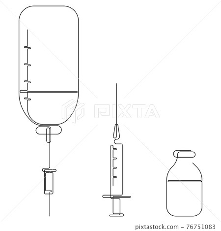 Continuous one line drawing of drop counter, syringe and bottle. Medical equipment set or tools hand drawn vector illustration. 76751083