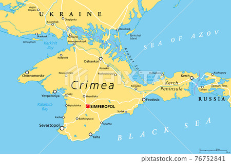 Crimea political map. Peninsula in Eastern Europe on the northern coast of the Black Sea, with disputed status. Controlled and governed by Russia, internationally recognized as part of Ukraine. Vector Crimea political map. Peninsula in Eastern Europe on the northern coast of the Black Sea, with disputed status. Controlled and governed by Russia, internationally recognized as part of Ukraine. Vector 76752841