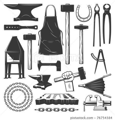 Blacksmithing, ironworks and forging tools icons 76754384
